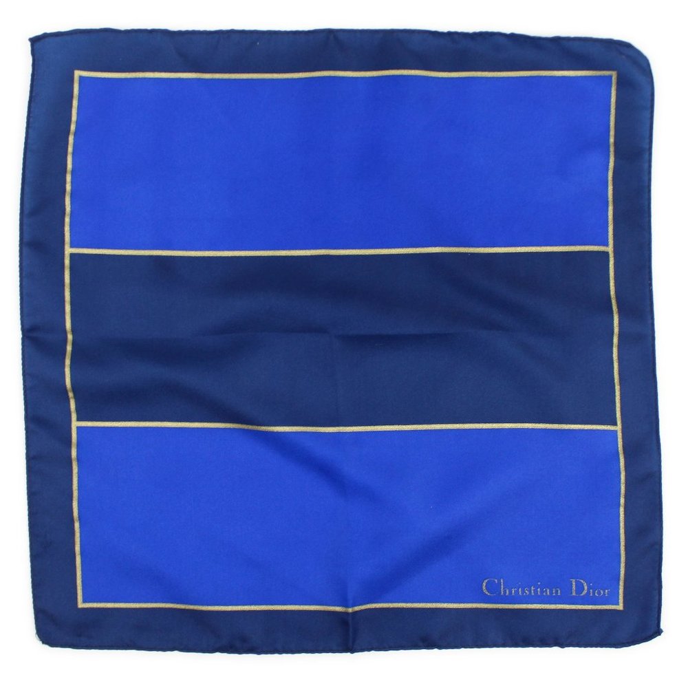VTG Christian Dior Navy Blue Metallic Gold Geometric Print Silk Pocket Square